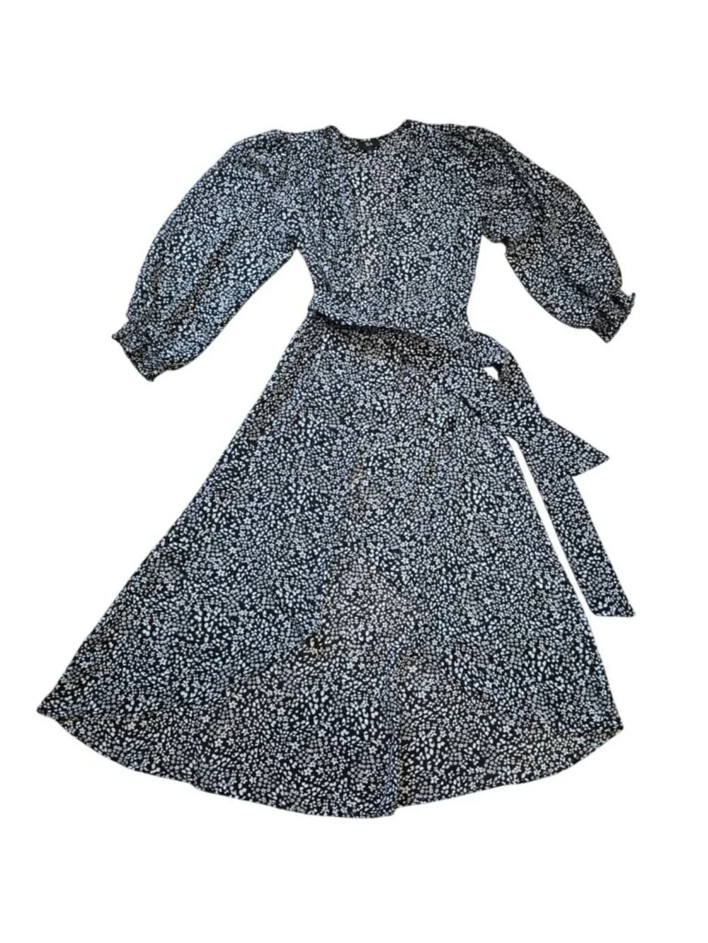 Ela Floral Midi Dress Black White Puff Sleeve Tie Waist Sheer Size 8.